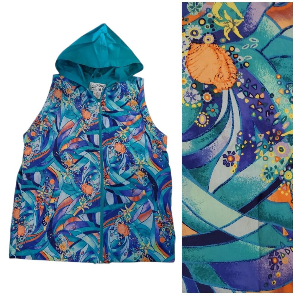 Vintage Casual Isle Hooded Vest M Tropical Beach Ocean Print Zip Up Jacket Retro